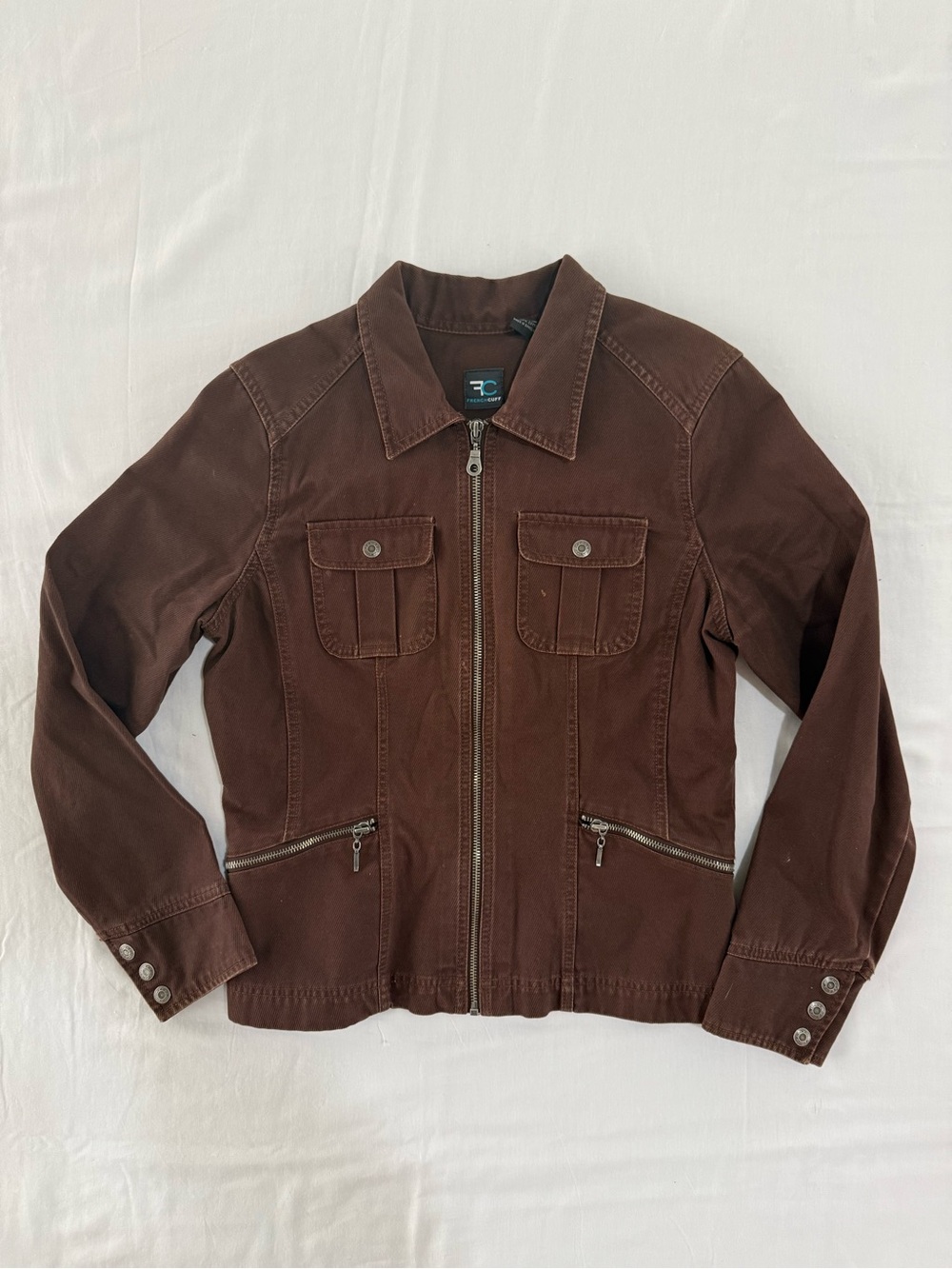 French Cuff Women’s Cotton Denim Zip-Front Jacket Brown Size Medium